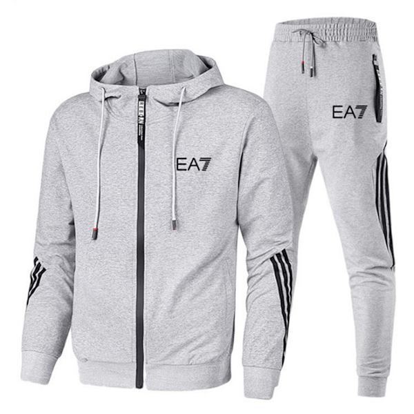 EA7 Herr Träningsoverall Set Full Zip Hoodie Långärmad Jacka + Joggingbyxor Sportkläder Light Grey M