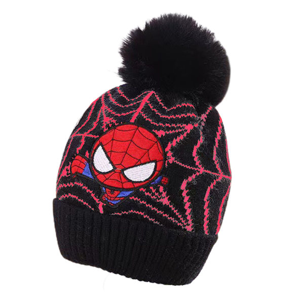 Barn Spiderman Broderad Stickad Mössa Vintermössa Bubble Hat Black