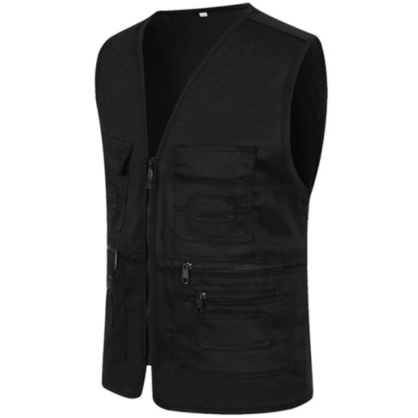 Män Pocket Zipper Fisherman Vest Jacka Casual Street Coola kappor Black XL