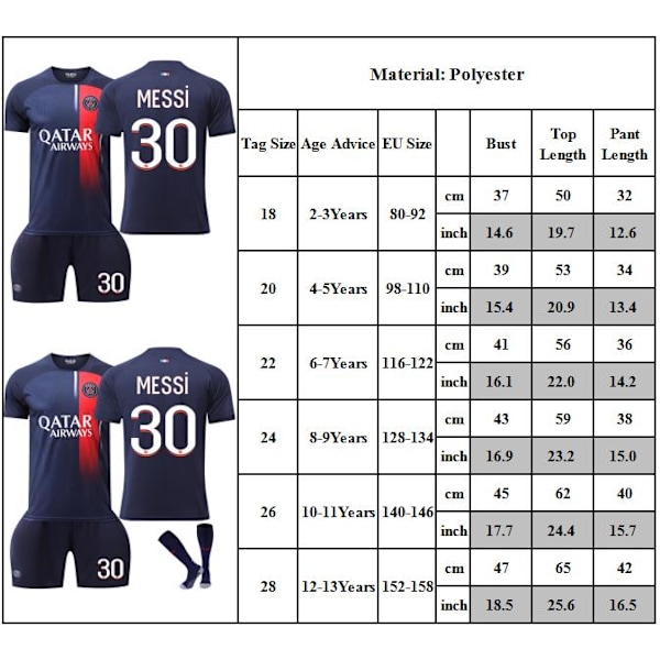 #30 MESSI Fotbollströja Träningskit för Barn Pojkar Träningsdräkt Set Tröja + Shorts 18