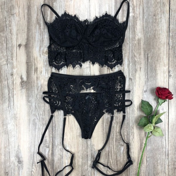 Kvinnors underkläder bh och trosor 2-delad sexig underkläder pyjamas Black M