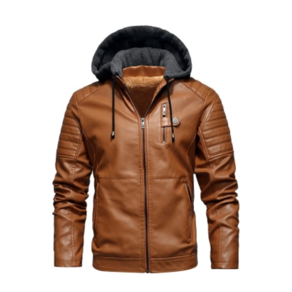 Herrar 2024 Mode Retro Biker PU Läderjacka Höst Och Vinter Avtagbar Huva Brown 4XL