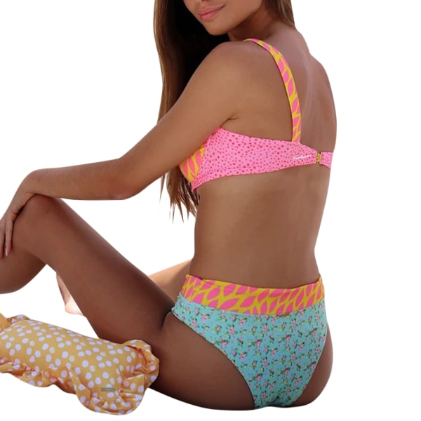 Printed hög midja delad baddräkt strand sexig bikini kvinnor Pink S 19d3 |  Pink | S | Fyndiq