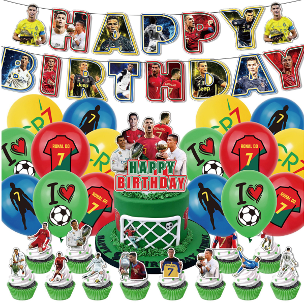 Ronaldo Fotbollstema Födelsedagsdekorationer Banner Ballonger Tårta Topper Tillbehör