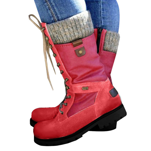 Kvinnor Dam Mid Calf Warm Grip Sole Boots Snöra Flat Shoes Red 43