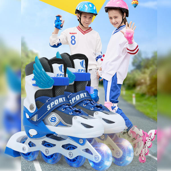 Inlineskates, justerbara rullskridskor, inlinehjul med ljus, rullskridskor, inliner, justerbar storlek 26-41, trippelt skydd Blue M