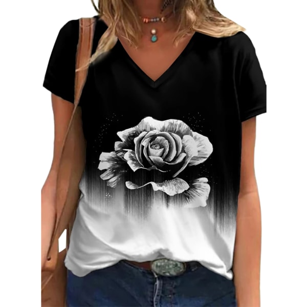 Enkel retro V- printed kortärmad T-shirt för kvinnor As pics L