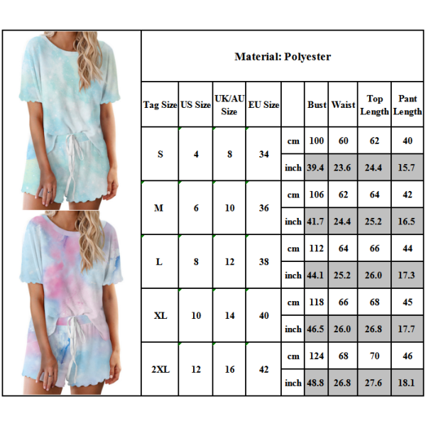 Kvinnors Tie Dye kortärmad T-shirt Shorts Sleepwear Lounge Set Cyan 2XL