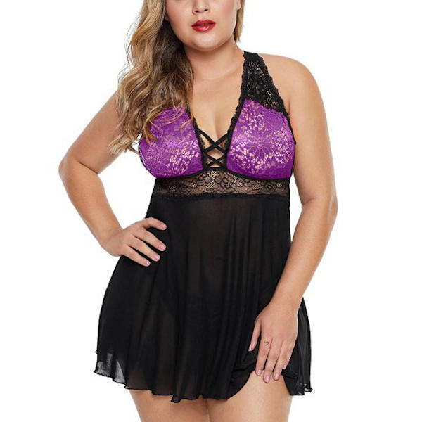 Sexig hängslen nattlinne för kvinnor Lila genomskinlig nattlinne Purple 4XL