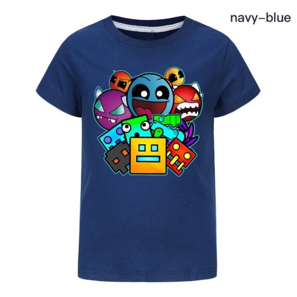 Barn Pojkar Flickor Geometri Dash Print T-Shirt  Sommar Casual Kortärmad Toppar Navy Blue 13-14 Years