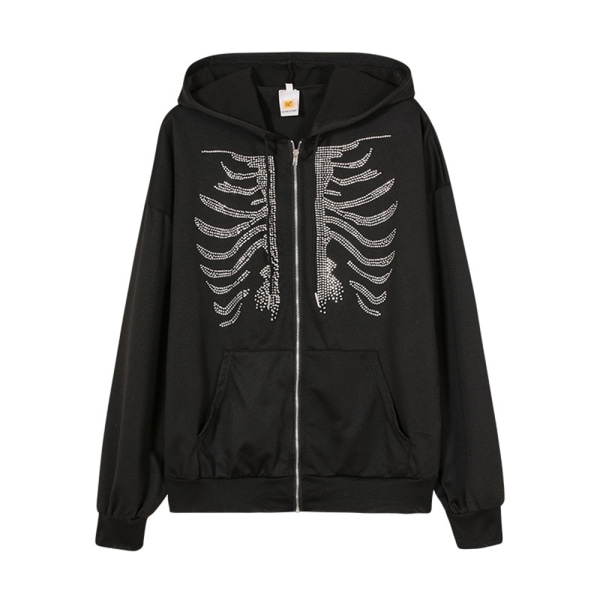 Zip Hoodies Rhinestone Skeleton Sweatshirt Sport Coat Jacka black XL