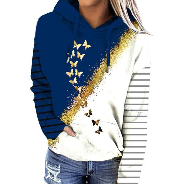 Print randig färgblock hoodie för kvinnor blue 3XL