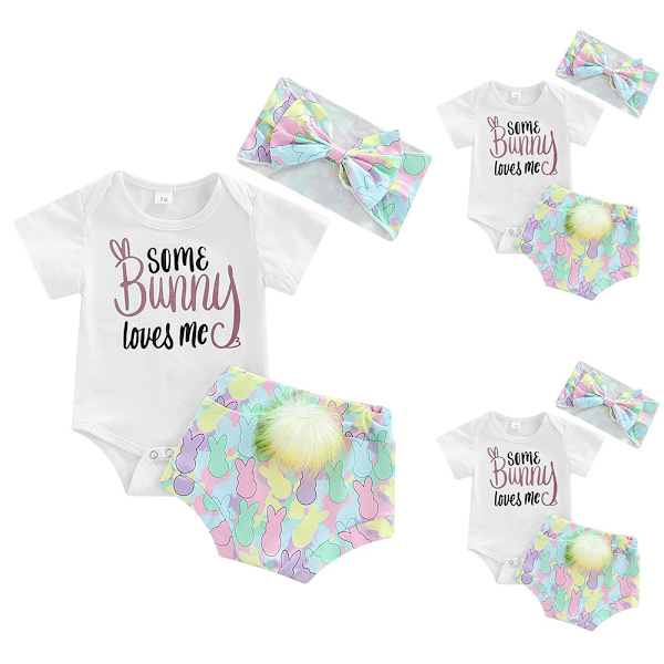 Nyfödd bebis påskkläder sparkdräkt bloomers pannband 3PCS set 0-3M