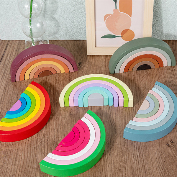 Barn Trä Regnbåge stapling leksaksstaplare Montessori häckande block Färgform Matchande leksaker Set Macaroon