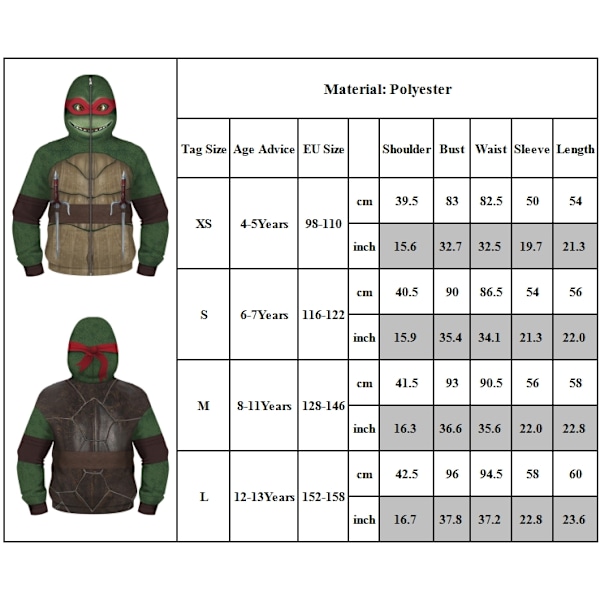 Cartoon Turtle Hoodie Jacka Barn Barn Pojkar 3d Print Dragkedja Huvtröja Casual Ytterkläder L