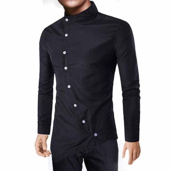 Män Mode Oblique Button Skjortor Höst Lång black 2XL