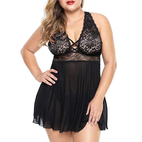 Sexig hängslen nattlinne för kvinnor Svart genomskinlig nattlinne Black 5XL
