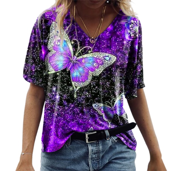 Fashion Creative Woman's Butterfly Print Kortärmad T-shirt Purple XL