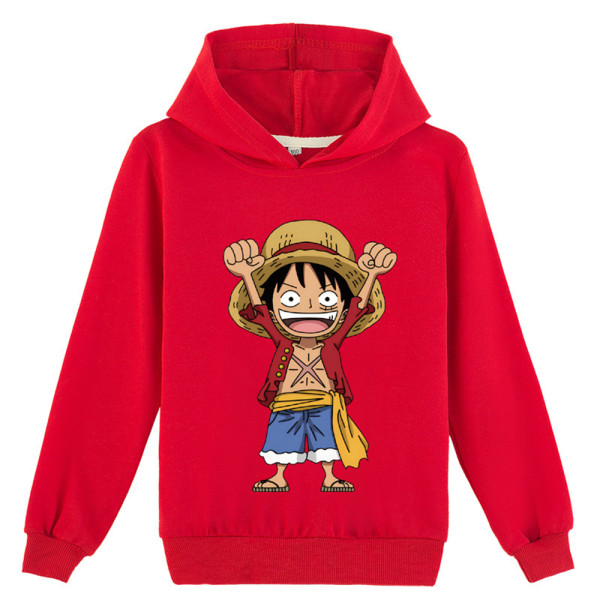 ONE PIECE Luffy Print Casual Hoodies Pullover Tops Barn Hooded Sweatshirt Present Red 150cm