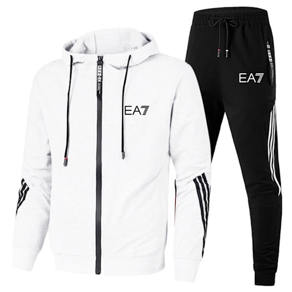 Män Helzippade Tryckt Hoodie Jacka Långa Sweatpants Joggers Sport Gym Tracksuit Set White XL