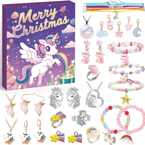 2024 Julkalender med 24 Dagar för Enhörningar - Julklapp för Flickor och Barn - Smycken DIY Armband Charm Pärlor Hänge Gör-Det-Själv Kit Blind Box