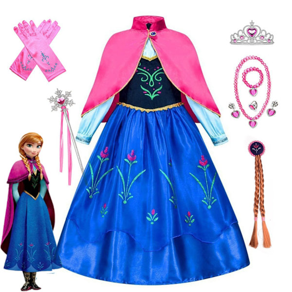 Flickor Prinsessa Anna Klänning Kostym Cosplay Födelsedagsfest Prinsessklänning Med Tillbehör 120cm
