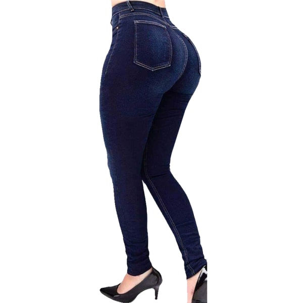 Dam Jeans Denim Slim Skinny High Wasit Legging byxor Dark Blue L