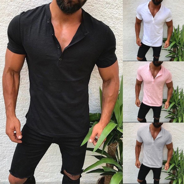 Summer Men Enfärgad V-ringad Slim-fit kortärmad skjorta black 2XL