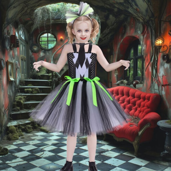 Barnflickor Halloween Kostymer Beetlejuice2 Cosplay Svart och Vit Vertikal Randig Tulle Tutu Klänning Läskig Klä Upp Karneval Kläder 2-12 År 5-6T