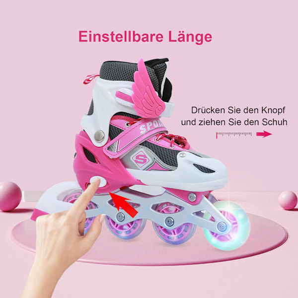 Inlineskates, justerbara rullskridskor, inlinehjul med ljus, rullskridskor, inliner, justerbar storlek 26-41, trippelt skydd Pink M