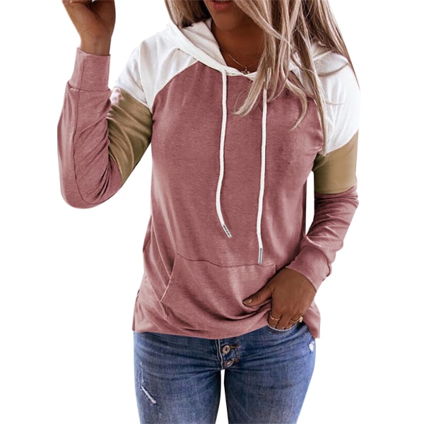Kvinnor Splits långärmad tröja Casual T-shirt Hooded Top Pink M