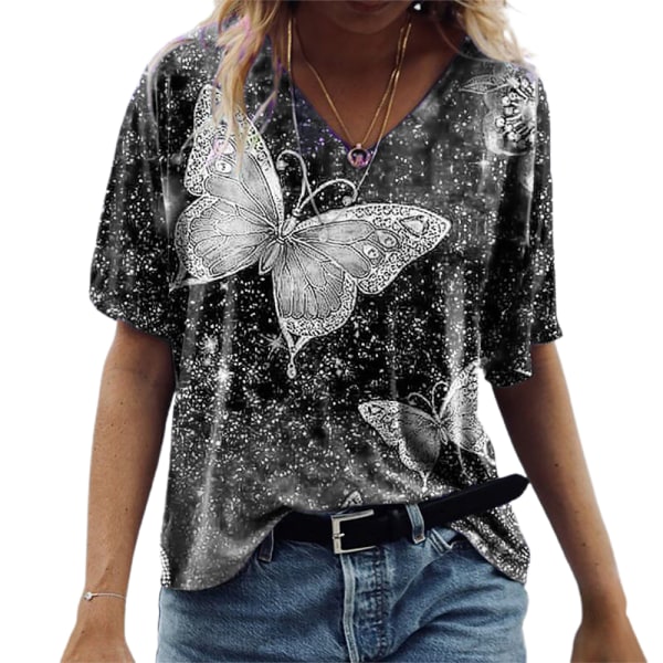 Fashion Creative Woman's Butterfly Print Kortärmad T-shirt Gray 3XL