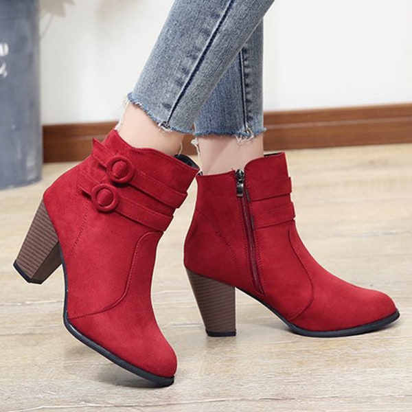 Kvinnors Chunky Block Heel Damer Zip Up High Heel Boots Shoes Red 36