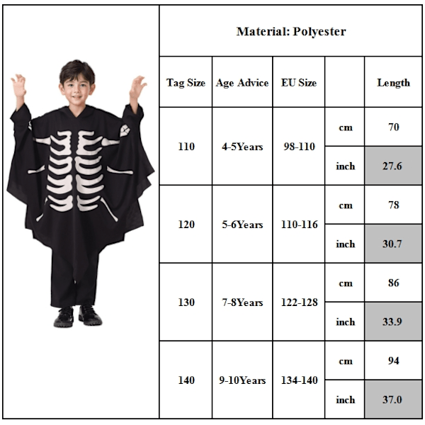 Spökdräkt för småbarn, flickor och pojkar, Halloween-kostym, barnfest, spökdräkt, lyser i mörkret, huva 130cm