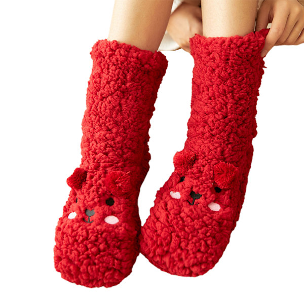 Söta björn fleece tofflor strumpor vinter varma mjuka strumpor red