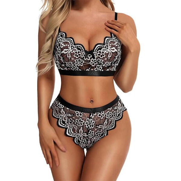 Kvinnors Babydoll Blomspets Underkläder Set Behå Trosor black L