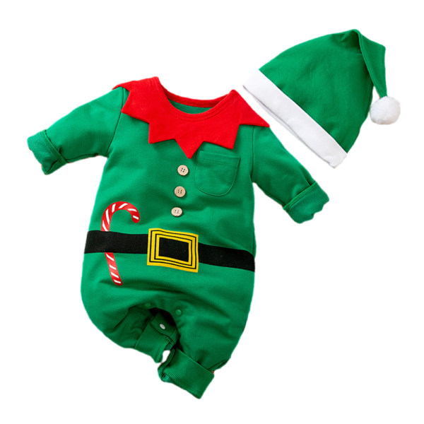 Christmas Inflant Baby Elf Romper Bodysuit Hatt Kostumer 2st/ set 73cm