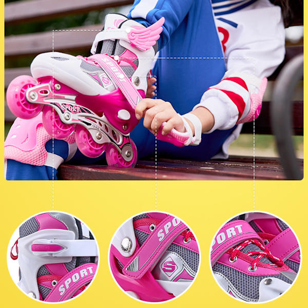 Inlineskates, justerbara rullskridskor, inlinehjul med ljus, rullskridskor, inliner, justerbar storlek 26-41, trippelt skydd Pink M