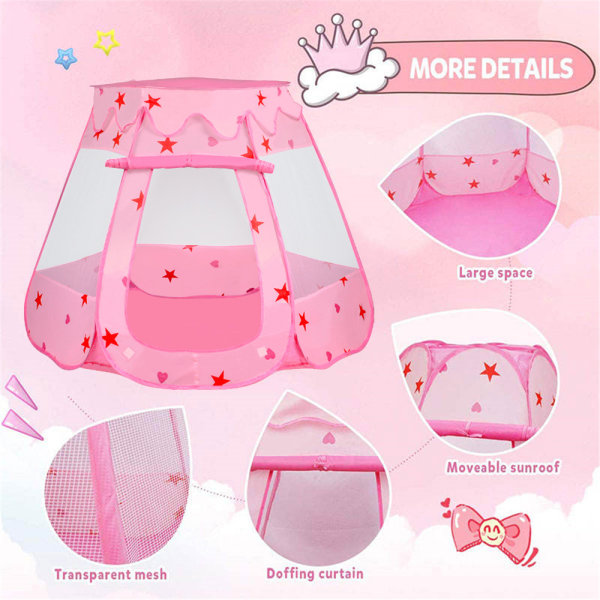 Pop Up Princess Castle Tält Kid Folding Play Tält Lekstuga Present Pink