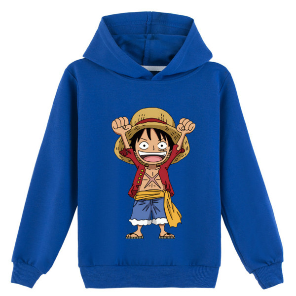 ONE PIECE Luffy Print Casual Hoodies Pullover Tops Barn Hooded Sweatshirt Present Blue 150cm