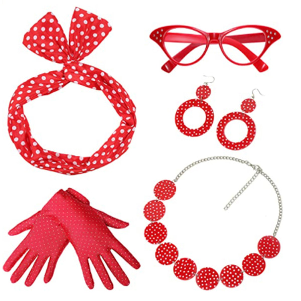 5-delad klädaccessoarset i 50-talsstil för kvinnor - Scarf Cat Eyes red