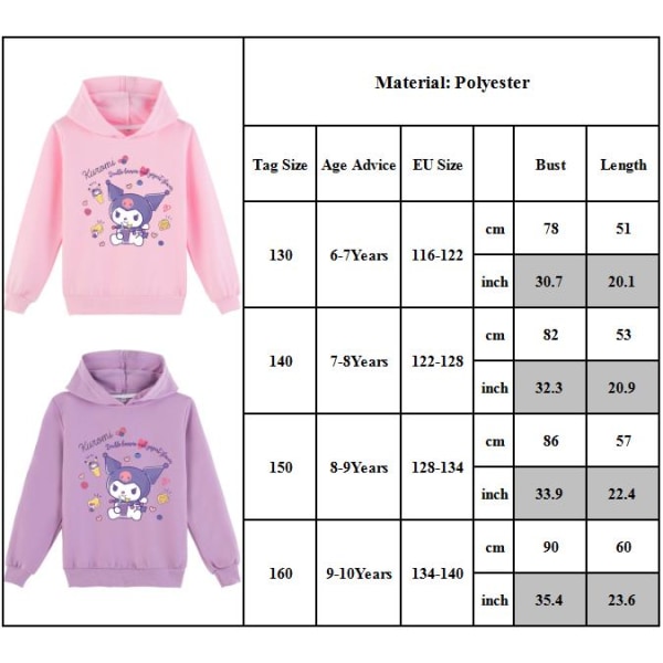 Barn Flickor Söt Kuromi Långärmad Hood Sweatshirt Kostym Toppar Pink 130cm