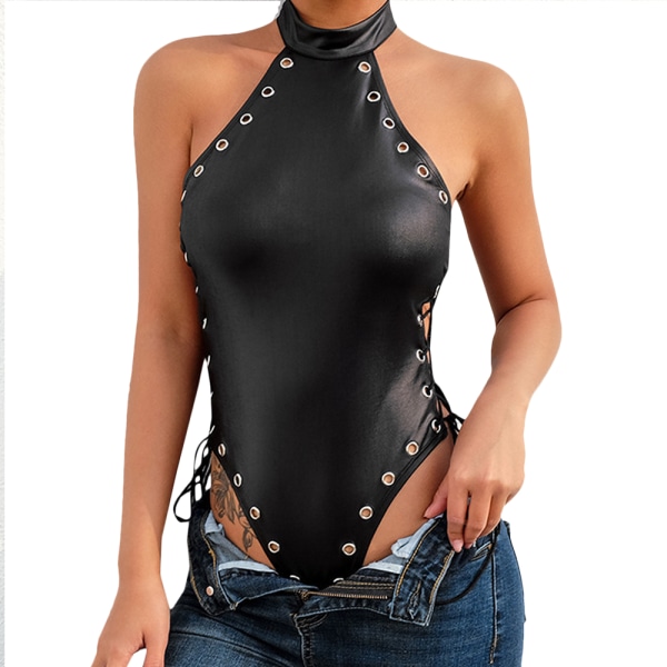 Sidoband Halterneck Bodysuit Slim Halter Svart för Kvinnor Black L