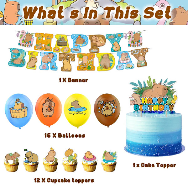 Capybara-tema Grattis på födelsedagen Banner Ballonger Kit Tårta Topper Fest Dekoration Set