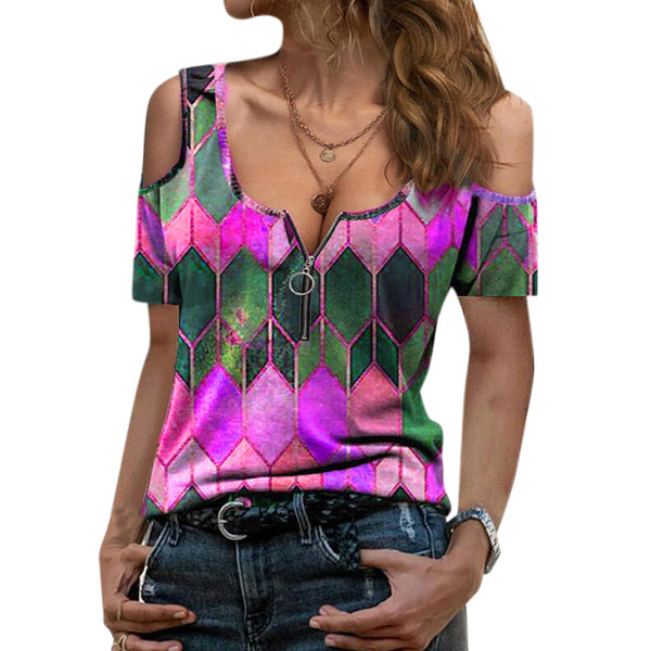 Kvinnors geometriskt print Kortärmad sexig T-shirt med dragkedja Green 2XL