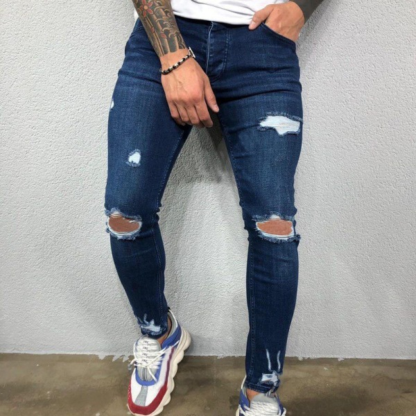 Elastiska skinny jeans män hål jeansbyxor Deep 5cff | Fyndiq