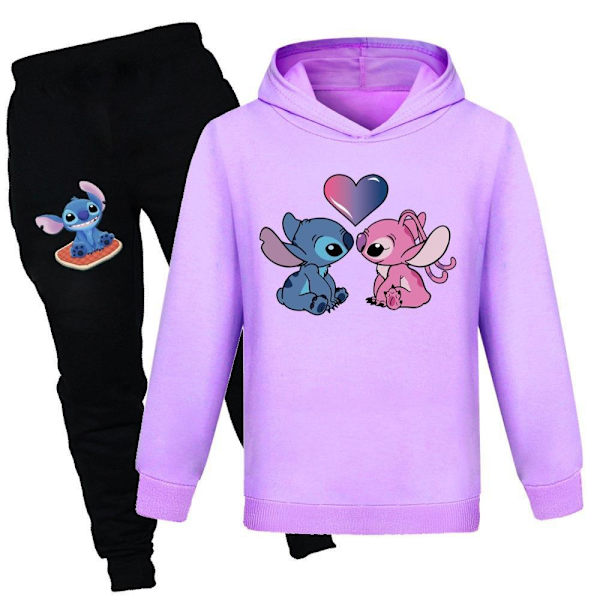 Cartoon Stitch Print Träningsset Barn Hoodie Sweatshirt Joggerbyxor Outfits Purple 130cm