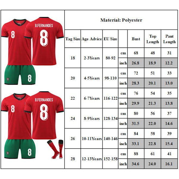 #8 B.FERNANDES Fotbollströja Träningskit för Barn Pojkar Träningsdräkt Set Tröja + Shorts 18