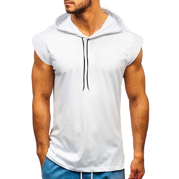 Hooded Men Sleeveless Drawstring Straight Tops White 2XL