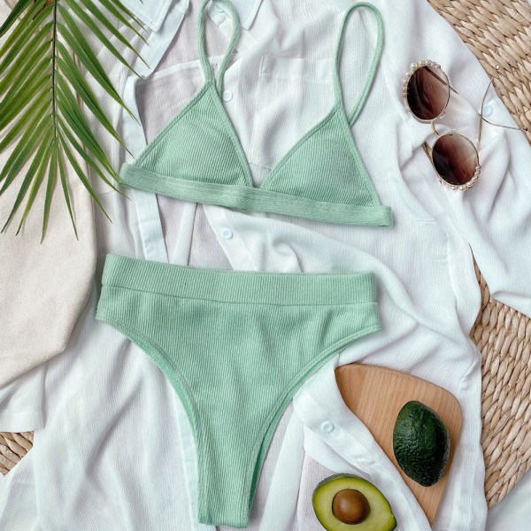 Pure Color High Waist Baddräkt Sexig Beach Bikini Snygga kvinnor Green L